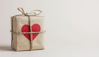 Small gift box wrapped in brown paper with red heart and tied with twine, symbolizing love