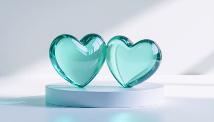 Two glass hearts with teal hue sit on white platform, casting soft shadows in bright light