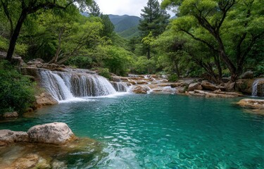 waterfalls in the jungle, a spectacular view with lush greenery