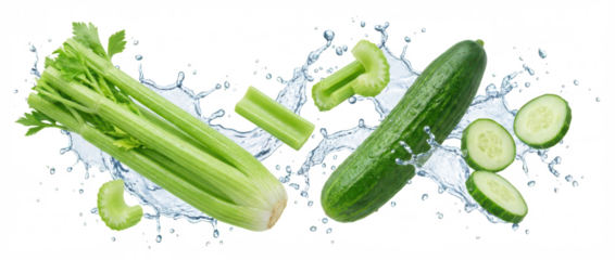 Fresh green celery stalks and whole cucumber with sliced pieces splashing in water droplets offering a healthy and vibrant image water splash freshness healthy food organic transparent background