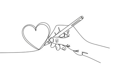Hand drawing heart shape with pencil in minimalist line art style on white background for love symbol