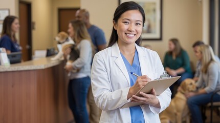Asian woman veterinarian in white coat holding clipboard and smiling in busy clinic waiting room. Professional pet healthcare and animal medical service