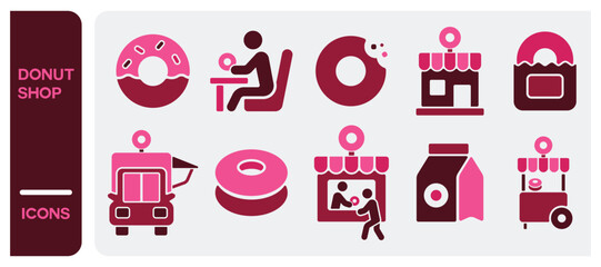Set of donut shop, doughnut truck, vector icons