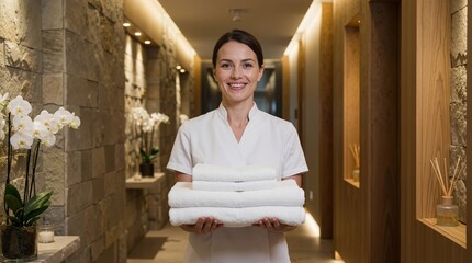 Caucasian woman spa coordinator holding white towels and smiling in luxury corridor. Hospitality service and wellness center staff banner with copy space