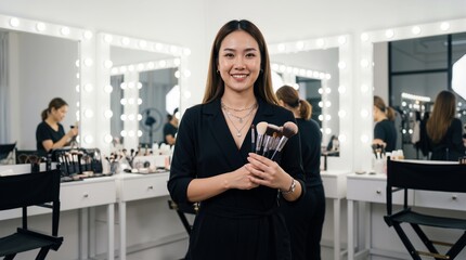 Asian woman makeup artist holding cosmetic brushes and smiling in beauty studio with lighted mirrors. Professional salon service and fashion industry business banner with copy space