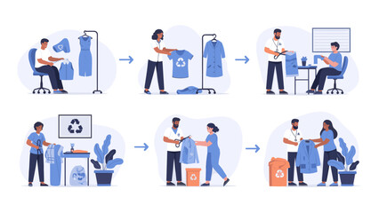 A cartoon laundry worker smiling while holding an iron and smoothing out clothes, conveying a sense of efficiency and professionalism in a clean envir