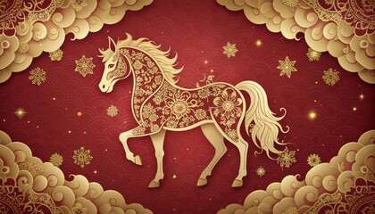 Elegant golden horse on red background with floral patterns and clouds