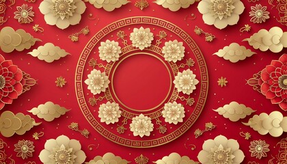Vibrant red background with intricate gold floral designs and circular pattern
