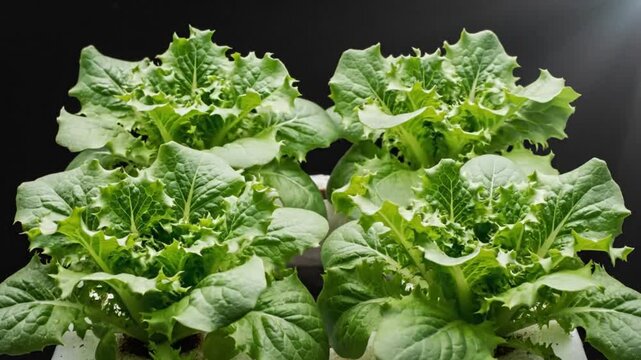 Time-lapse of hydroponically grown lettuce growing from seedlings to maturity against a black background