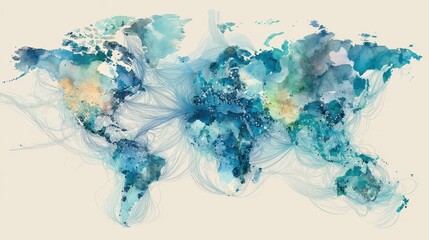 Watercolor-style global market map with soft data overlays, artistic modern, cool blues, watercolor illustration, economic connectivity