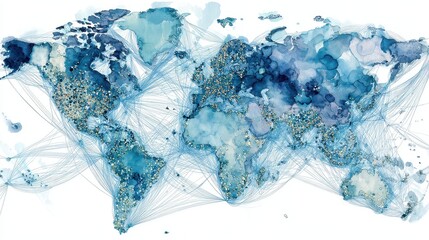 Watercolor-style global market map with soft data overlays, artistic modern, cool blues, watercolor illustration, economic connectivity