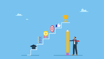 Businessman planning step to success in work and career on staircase. Career planning, step to develop plan and growth career opportunity, professional achievement or business success.