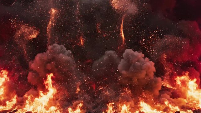 Fiery explosion with smoke and embers against a dark background