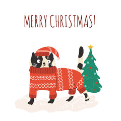 Merry Christmas cat celebrating winter holiday. Hand drawn vector illustration.