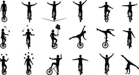 unicycle, unicycling, acrobat, acrobatics, circus, performer, balance, balancing, trick, tricks, stunt, stunts, juggler, juggling, athlete, silhouette, motion, skill, freestyle, unicyclist © shinha