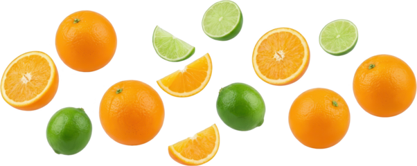 A scattered arrangement of whole oranges sliced oranges whole limes and lime wedges showcases vibrant colors and textures of citrus fruits fresh healthy juicy food sweet sour transparent background