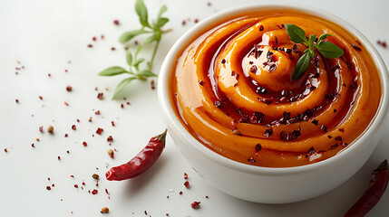 Close-up logo visual of a stylized dipping bowl with a swirl of reddish-orange paste and a small chili pepper accent against a pure white backdrop 