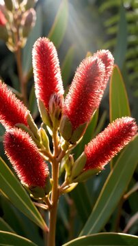 Close Up of Red Bottlebrush Flowers Growing on Tree