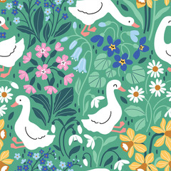 Hand drawn floral background with white goose. Seamless vector pattern with cute white ducks and summer flowers. 