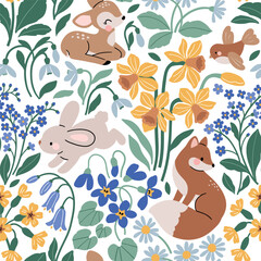 Cute woodland animals and spring flowers. 
Hand drawn floral background. Seamless vector pattern with rabbit, deer, fawn, fox and bird.