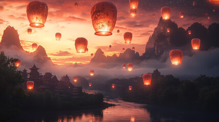 Glowing sky lanterns floating over a river at sunset during a magical cultural festival with a warm romantic atmosphere.