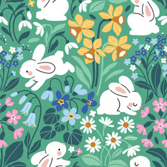 Hand drawn floral background with white bunny. Seamless vector pattern with cute white rabbits and summer flowers. 