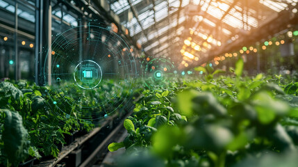 Futuristic smart greenhouse with digital interface and advanced agricultural technology for sustainable food production