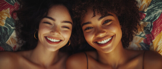 Obraz premium Cheerful girls with broad smiles lie on a colourful blanket, creating a warm and friendly atmosphere that would be suitable as a backdrop for advertising youth products or tourist services.