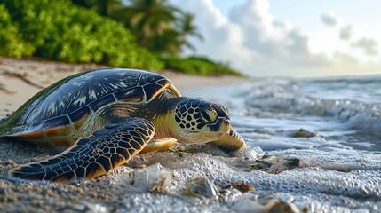 Sea turtle crawling toward the ocean through plastic waste on a sandy beach, highlighting marine pollution and the urgent environmental crisis.