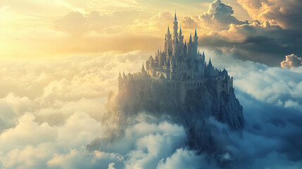 Epic fantasy castle rising above the clouds at sunrise, symbolizing magic, mystery and a mythical world beyond reality.