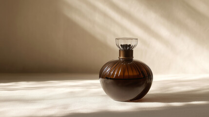 Minimalist glass perfume bottle on soft fabric with warm sunlight, creating an elegant luxury fragrance and beauty product concept.