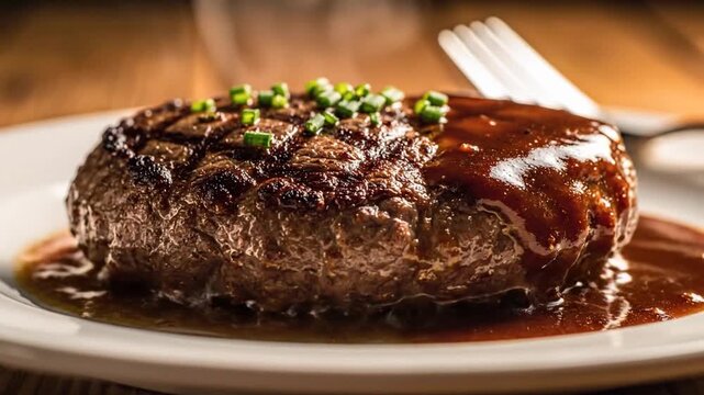 Juicy seared steak on glossy sauce, plated with herbs, smoky crust and rich, savory glaze. Bold zest