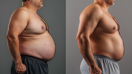 Male body transformation comparison showing weight loss progress and reduction of belly fat in side view before and after concept.