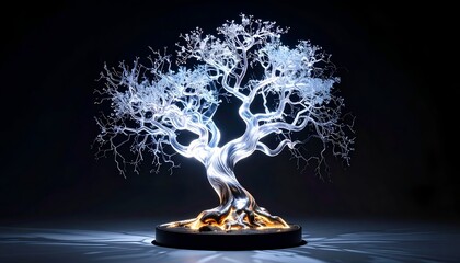 Glowing bonsai tree sculpture on a dark surface, illuminated
