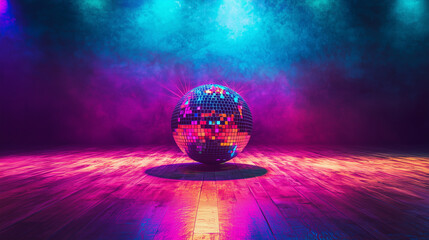 Colorful disco ball on empty dance floor with vibrant neon lights creating retro party and nightlife background.