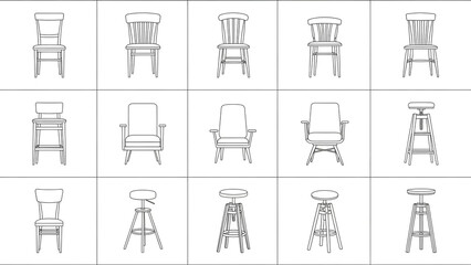 Various Stools and Chairs in Simple Line Art Style with Gray Monochrome Color on White Background for Furniture Catalog