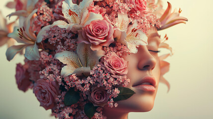 Surreal female portrait with face covered in roses and lilies symbolizing beauty, nature, femininity and artistic imagination.