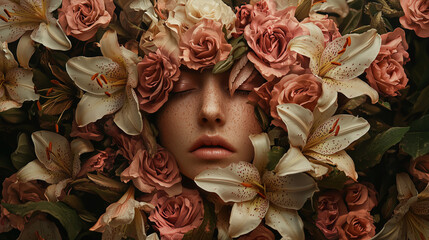 Dreamlike female face surrounded by roses and lilies creating an artistic floral portrait with calm and mysterious mood.