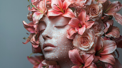 Side view artistic portrait of a woman with face made of cracked texture and flowers symbolizing fragility and natural beauty.