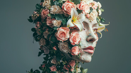 Surreal floral female head sculpture with roses and lilies blending human form and nature in artistic fantasy style.