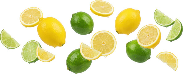 Fresh yellow lemons and bright green limes whole and sliced appear to be falling or floating showing juicy interiors and textured skins with subtle water droplets citrus fruit transparent background