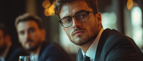 A serious man wearing glasses conveys professionalism during negotiations, making him the ideal backdrop for business training sessions or corporate presentations.