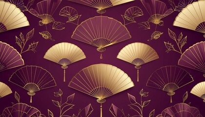 Elegant gold fans and leaves on rich purple background pattern