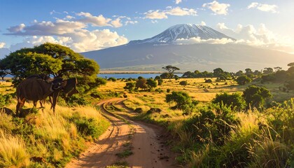 A scenic African savanna unfolds with a dirt path winding toward a snow-capped mountain under a cloudy blue sky. Wildlife grazes