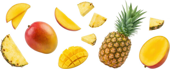A whole ripe mango and pineapple with several slices and wedges of mango and pineapple scattered around fruit tropical sliced food healthy fresh juicy sweet organic natural transparent background
