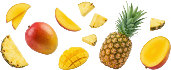 A whole ripe mango and pineapple with several slices and wedges of mango and pineapple scattered around fruit tropical sliced food healthy fresh juicy sweet organic natural transparent background