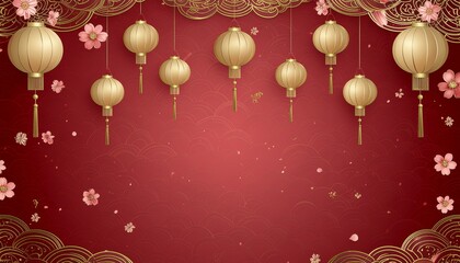 Vibrant Chinese New Year background with golden lanterns and cherry blossoms