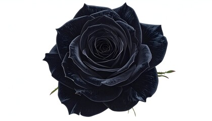 Single, velvety black rose blossom against a pristine white background