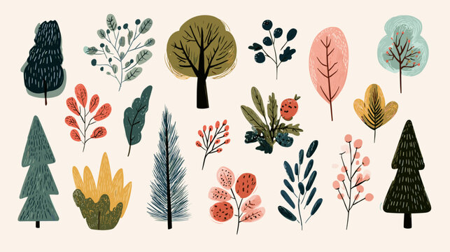set of autumn trees vector colored hand drawn 