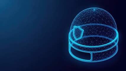 A futuristic wireframe helmet with a shield emblem glowing with blue digital light on a dark background
